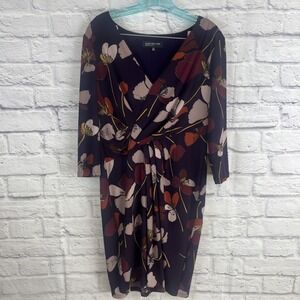 Jones NY Plum Floral Dark Feminine Romantic Stretch Twist Front Dress 12 Petite